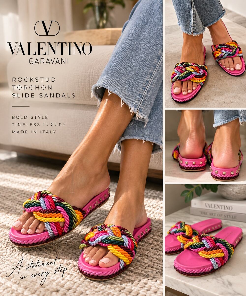 Valentino Garavani Rockstud Torchon Braided Slide Sandals Pink EU 37 US 7